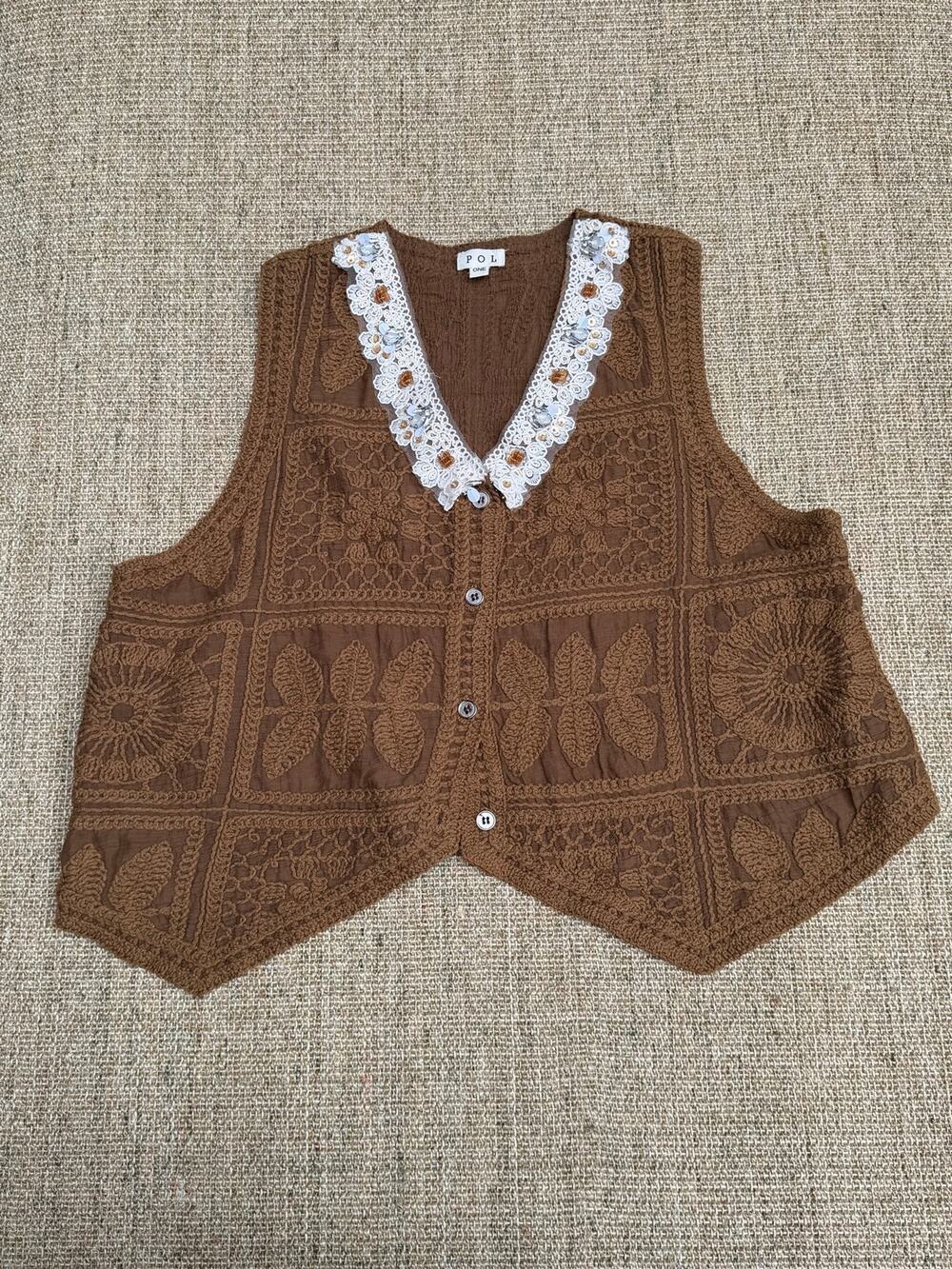 🤎✨ POL Embroidered Crochet Embroidered Vest | One Size | Brown